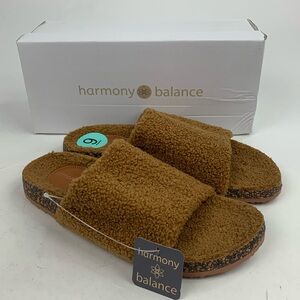 Harmony Balance Marino Tan Slipper Sliders Sandals Vegan Textile Sherpa 9 NWT
